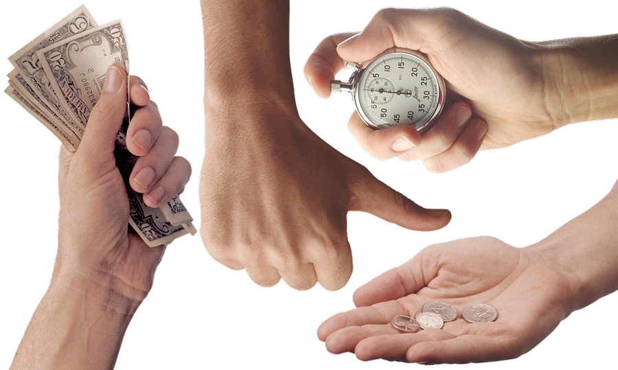 グレーの背景に、お金や時間を象徴する複数の「手」をコラージュした概念的なビジュアルです。