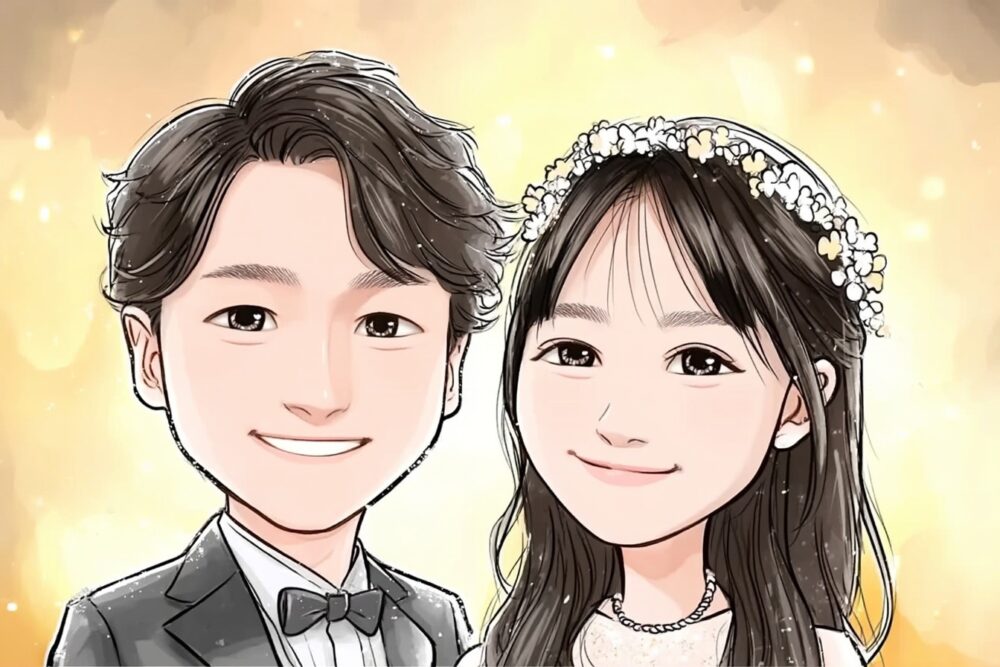 2025年10月に成婚したカップルの似顔絵イラスト（東京都30歳男性／徳島25歳女性）