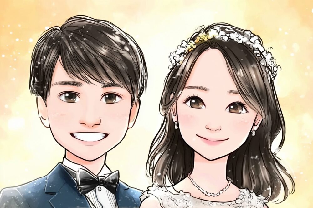 2025年11月に成婚したカップルの似顔絵イラスト（岡山県34歳男性／愛媛県35歳女性）