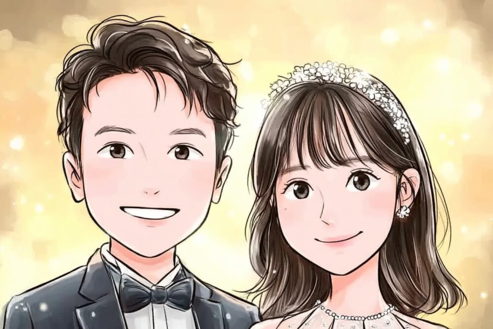 2025年9月に成婚したカップルの似顔絵イラスト（香川県42歳男性／徳島36歳女性）