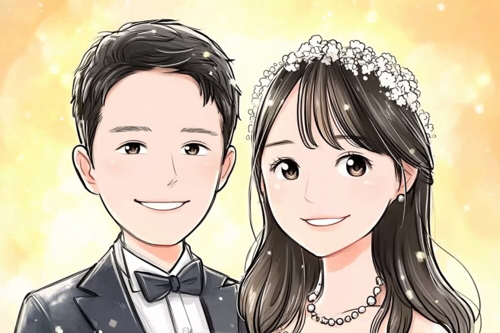 2025年10月に成婚したカップルの似顔絵イラスト（徳島県32歳女性／徳島県31歳男性）
