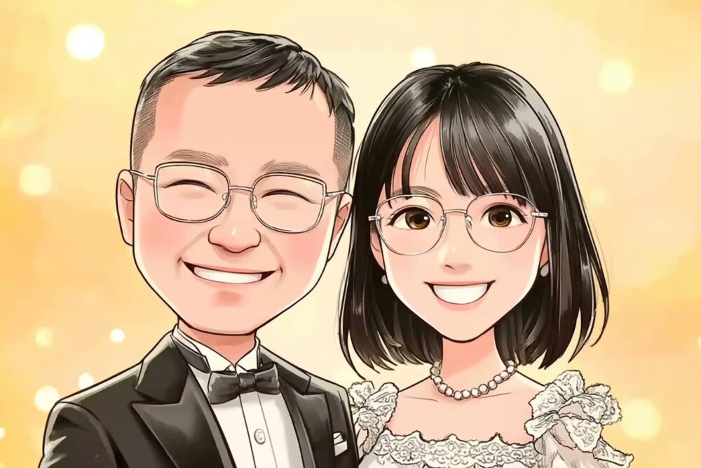 2025年12月に成婚したカップルの似顔絵イラスト（徳島県32歳男性／徳島県30歳女性）