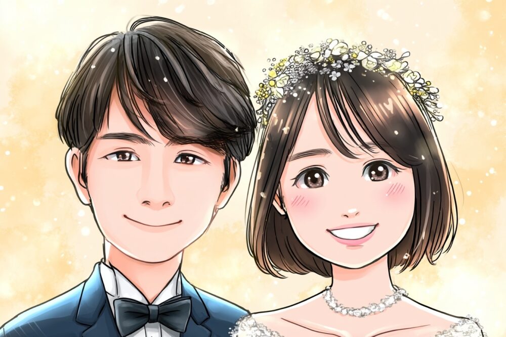 2025年11月に成婚したカップルの似顔絵イラスト（岡山県29歳男性／鳥取県30歳女性）