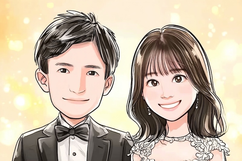 2026年2月に成婚したカップルの似顔絵イラスト（岡山県37歳男性／岡山県31歳女性）