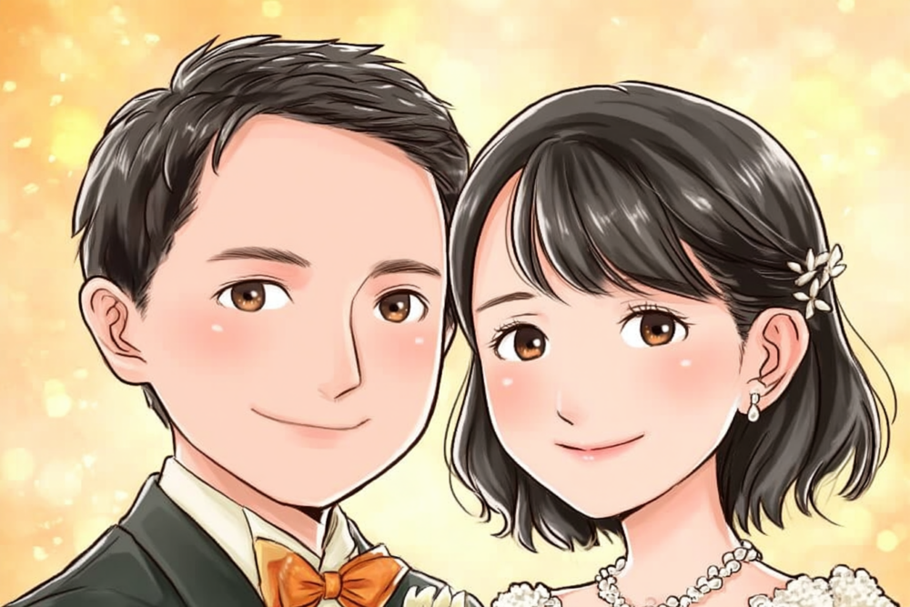 2026年4月に成婚したカップルの似顔絵イラスト（香川県33歳男性／香川県32歳女性）