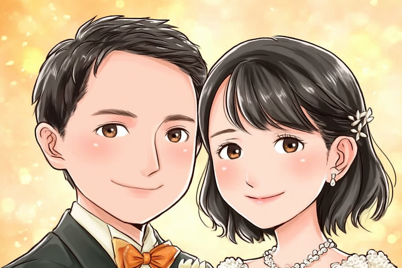 2026年4月に成婚したカップルの似顔絵イラスト（香川県33歳男性／香川県32歳女性）