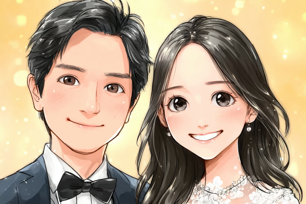 2026年8月に成婚したカップルの似顔絵イラスト（高知県32歳男性／高知県32歳女性）