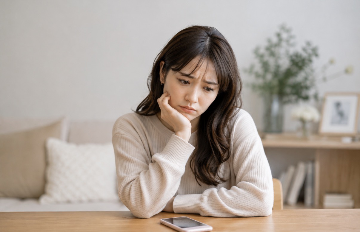 婚活がうまくいかず一人で悩む女性の様子。婚活がうまくいかない人の特徴や原因、結果が出る人との違いを考えるイメージ。