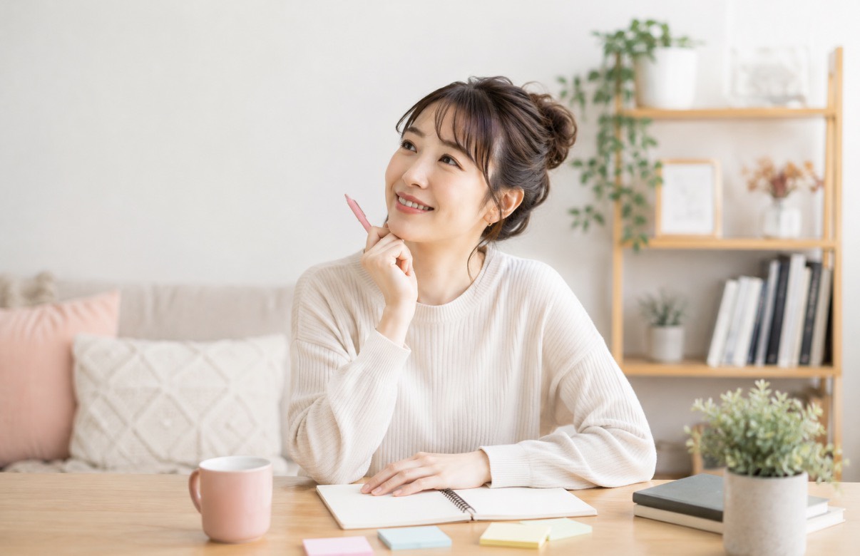 前向きな気持ちで婚活プランを考える女性の様子。婚活がうまくいく人の特徴や考え方、結果が出る人との違いをイメージしたシーン