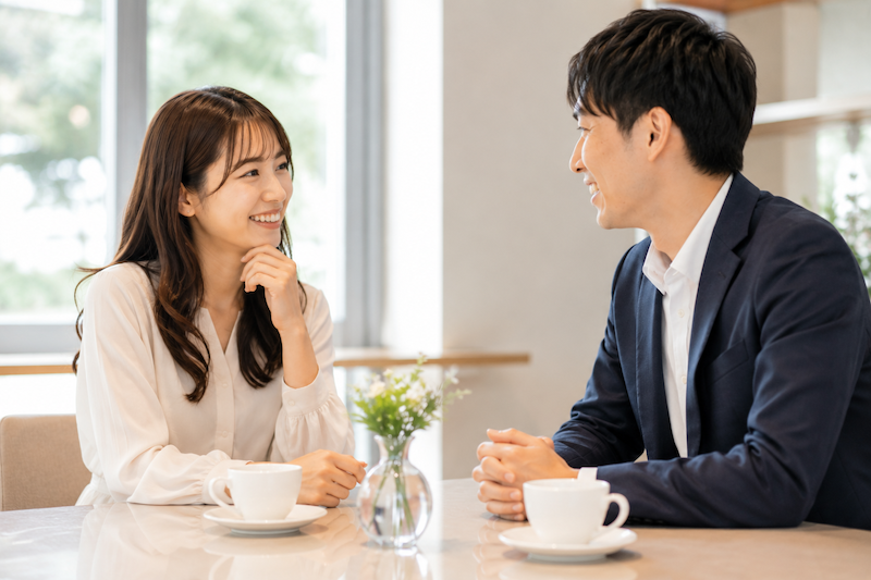 お見合いで笑顔で会話を楽しむ男女の様子。婚活がうまくいく人の特徴や自然なコミュニケーション、結果が出る人をイメージしたシーン。