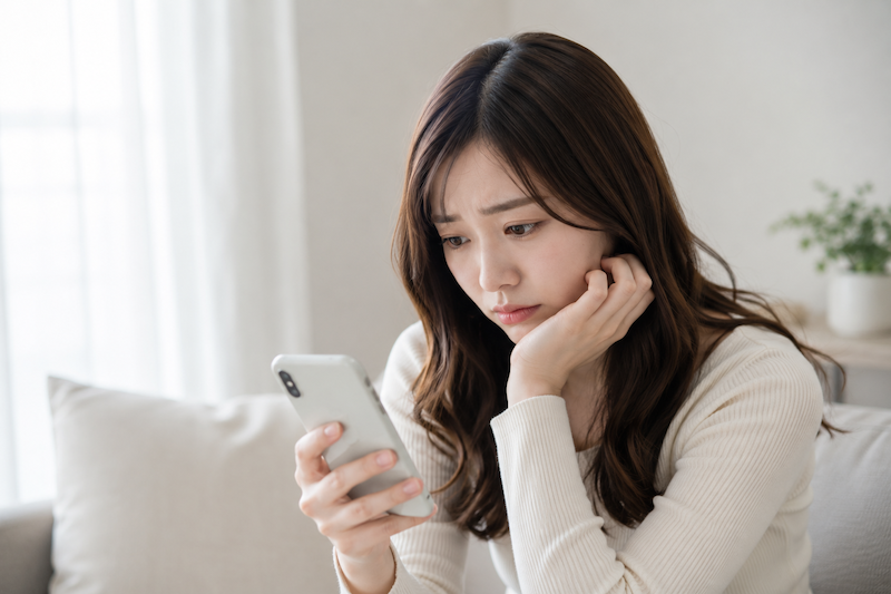 婚活アプリやメッセージを見ながら悩む女性の様子。婚活がうまくいかない原因や婚活疲れ、結果が出ない理由をイメージしたシーン。