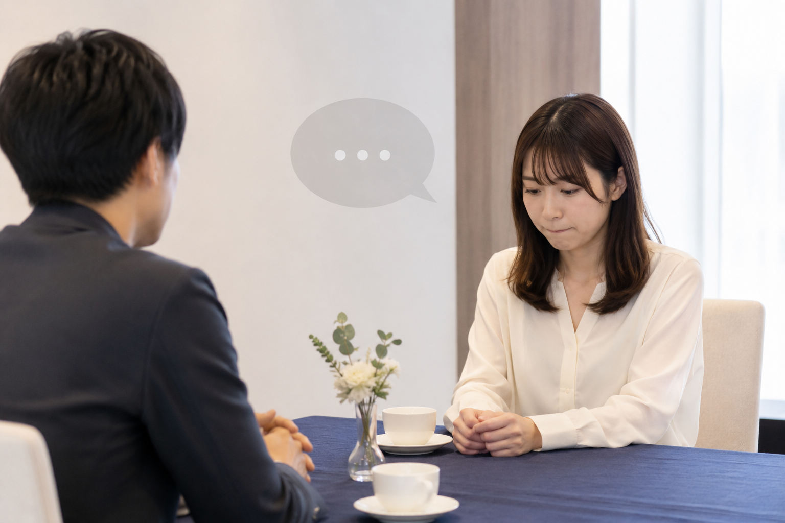 お見合いで会話が続かず沈黙する男女の様子。婚活がうまくいかない人の特徴やコミュニケーション不足をイメージしたシーン。