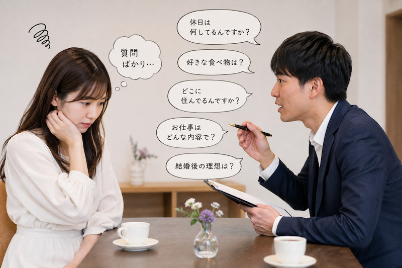 お見合いで質問ばかりを続け、会話が盛り上がらず困る男女の様子。婚活がうまくいかない人の特徴やコミュニケーション不足をイメージしたシーン。