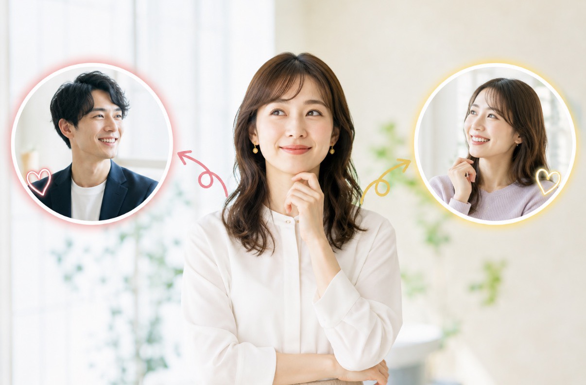 婚活で理想の相手をイメージする女性の様子。婚活で選ばれる人の特徴や、理想のパートナー選び、結婚相談所での出会いをイメージしたシーン。