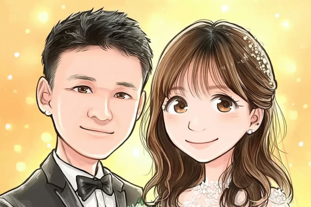2026年8月に成婚したカップルの似顔絵イラスト（香川県34歳男性／香川県34歳女性）