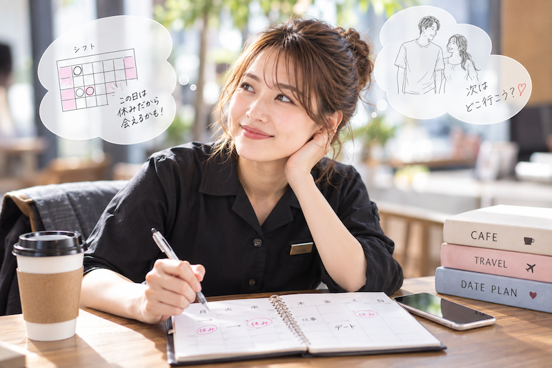平日休みやシフト制の仕事をしながら婚活のデート予定を考える女性