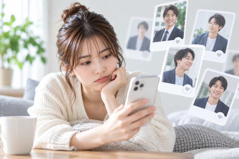 婚活でより条件のいい相手を探して男性プロフィールを見続ける女性