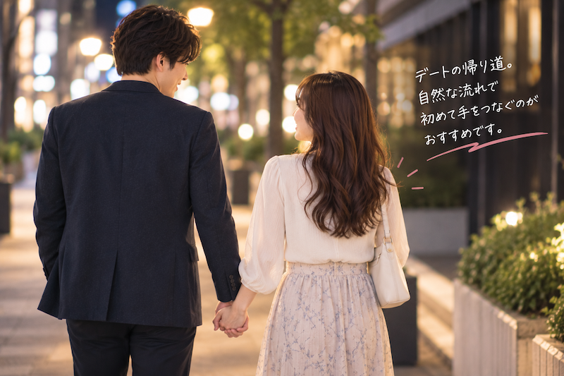 仮交際のデートの帰り道に自然な流れで初めて手をつなぐ男女