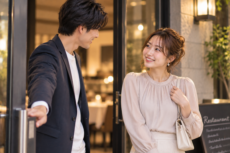婚活デートで女性に自然な気遣いを見せエスコートする男性