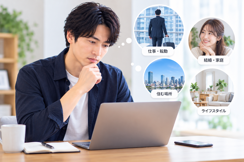 全国転勤のある男性が結婚後の仕事や住む場所について考える様子