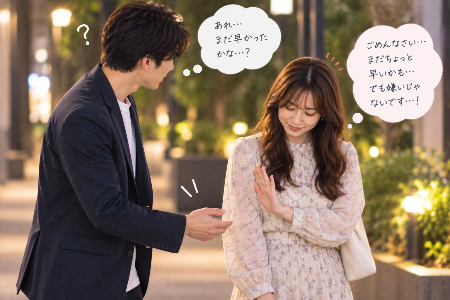 仮交際で手をつなぐのを断られてタイミングが早かったか考える男性