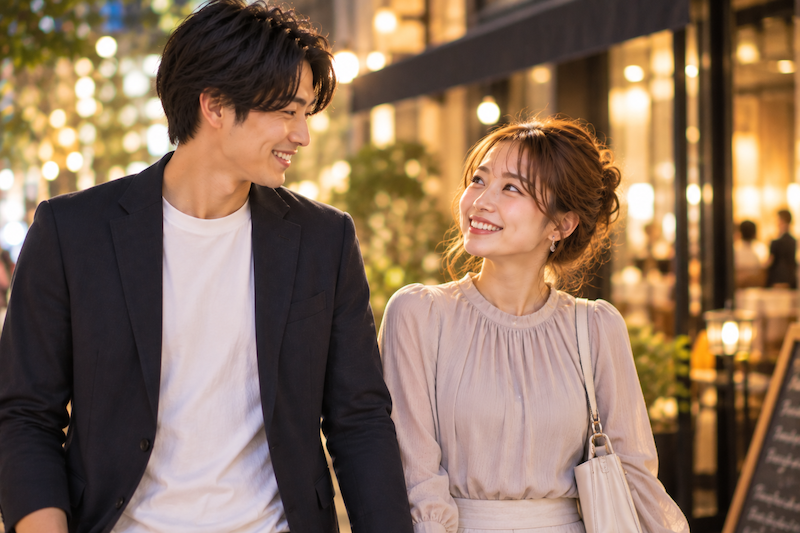 平日休みでも仕事終わりの夜に婚活デートを楽しむ男女