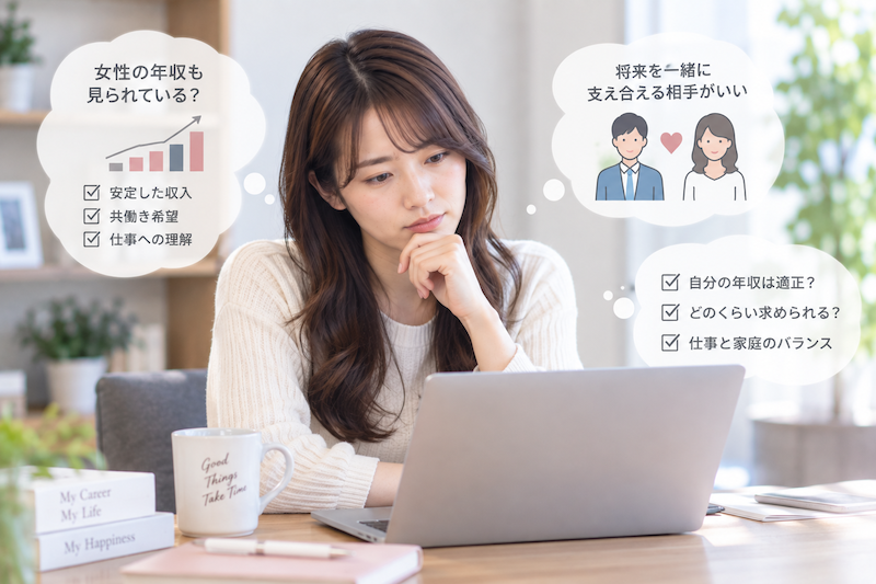 婚活市場で自分の年収や仕事と結婚後の生活について考える女性
