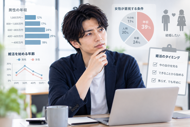 婚活市場で年収や年齢などの条件とデータを確認する男性