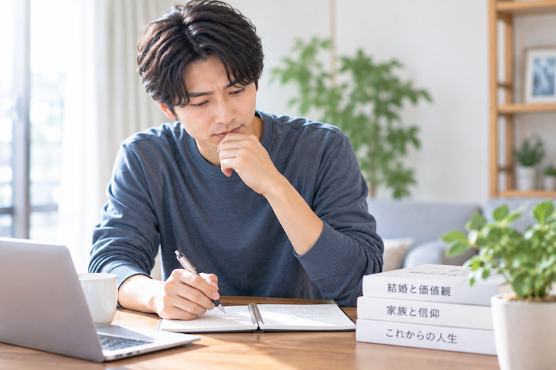 宗教や信仰について結婚相手にどう伝えるか整理する婚活中の男性
