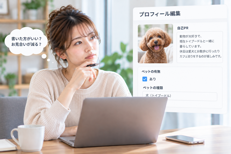 結婚相談所の婚活プロフィールにペットを飼っていることを書くか悩む女性