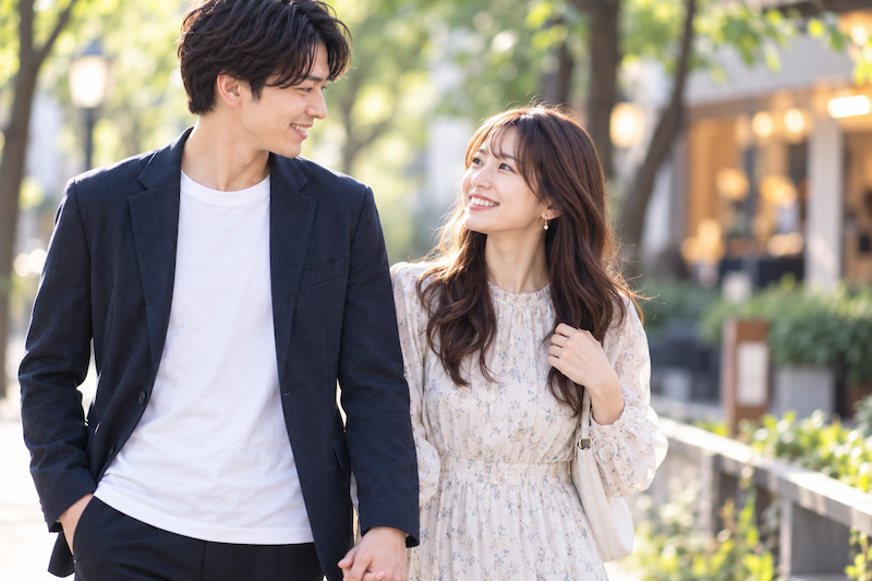 結婚相談所の仮交際デートで自然に手をつないで歩く男女