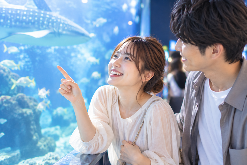 以前話した好みを覚えてくれていた男性と水族館デートを楽しむ女性