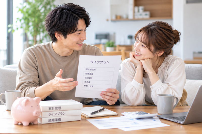 結婚前に奨学金や貯金など将来のお金について話し合う男女