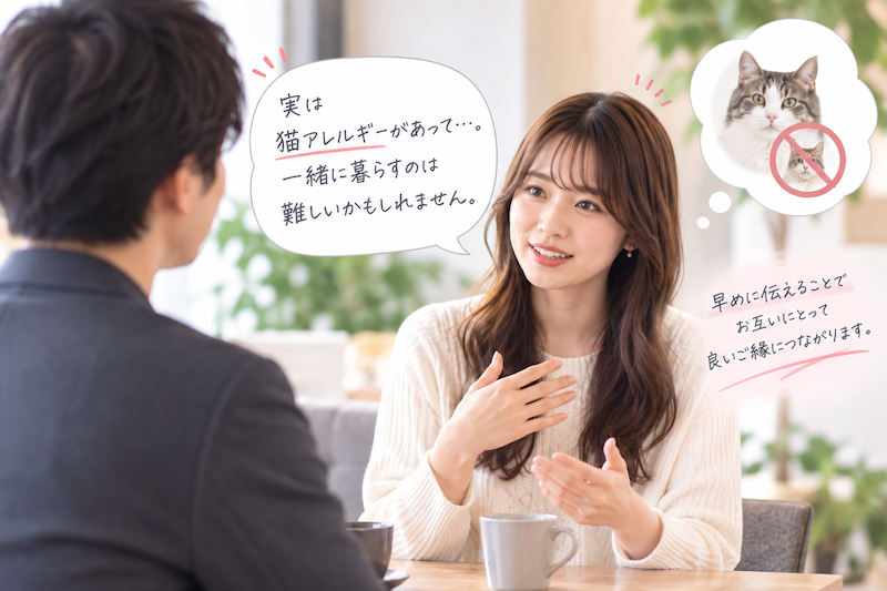 婚活中の相手に猫アレルギーの程度や結婚後の生活への影響を伝える女性