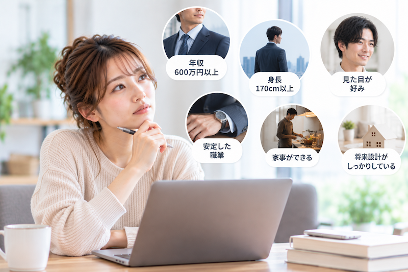 婚活で男性の年収や身長、容姿など希望条件を考える女性