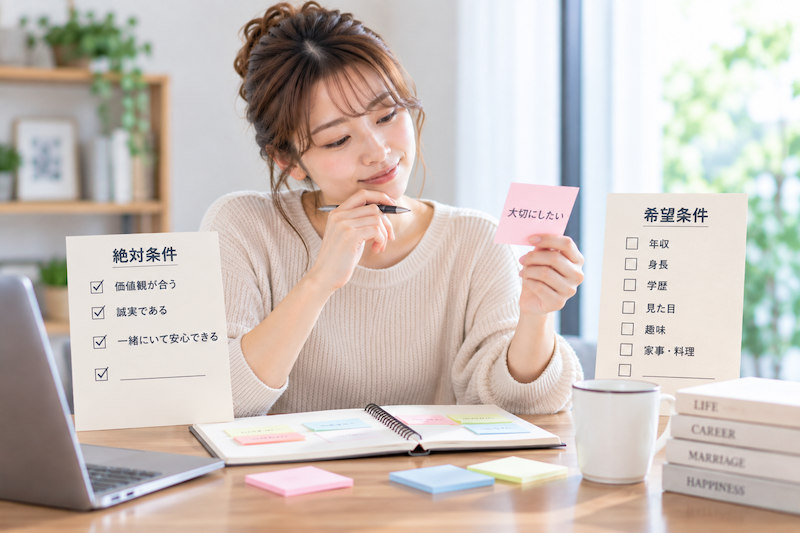 婚活で高望みにならないよう絶対条件と希望条件を整理する女性