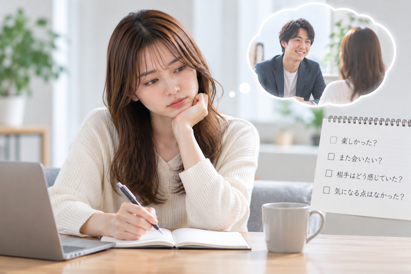 お見合い後に自分だけでなく相手目線で会話を振り返る女性