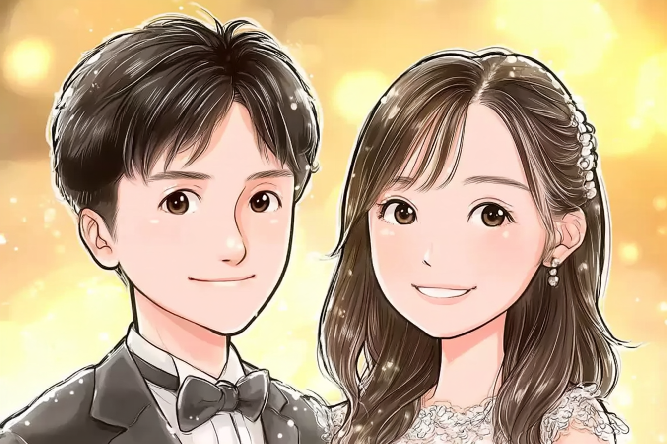 2026年9月に成婚したカップルの似顔絵イラスト（大阪府27歳男性／兵庫県26歳女性）
