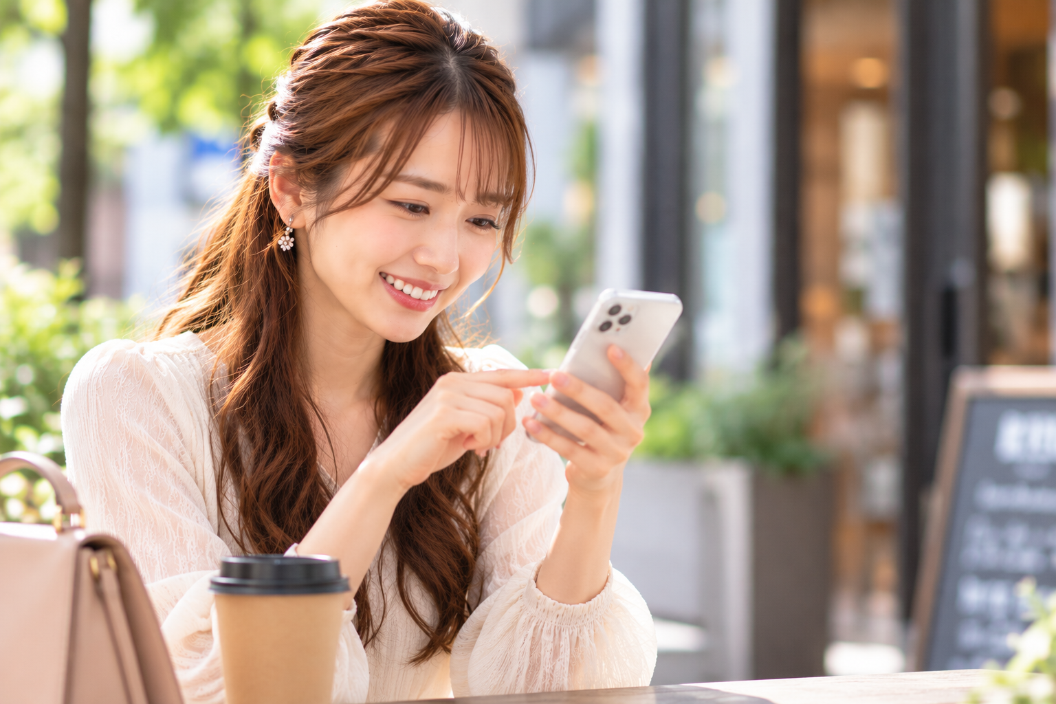 仮交際中の女性がスマートフォンでお相手にデートのお誘いを送り、笑顔を浮かべている様子。自分から積極的に行動することの大切さを表現した写真風画像。