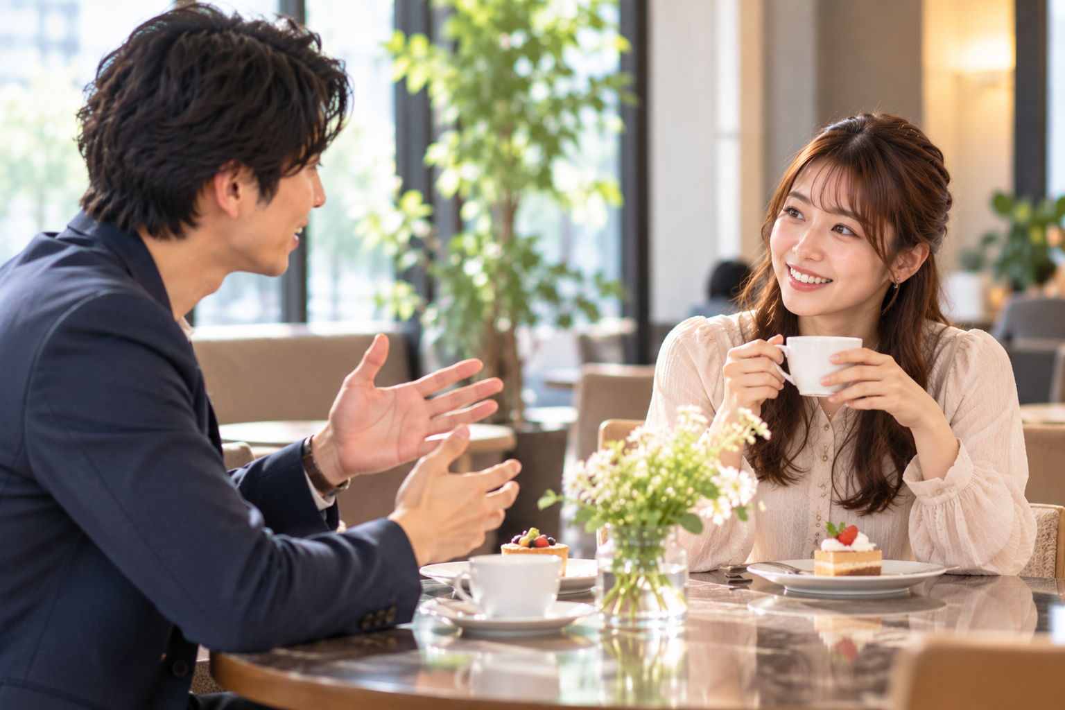 お見合いで自分の話をした後、相手にも話題を振って会話する男女