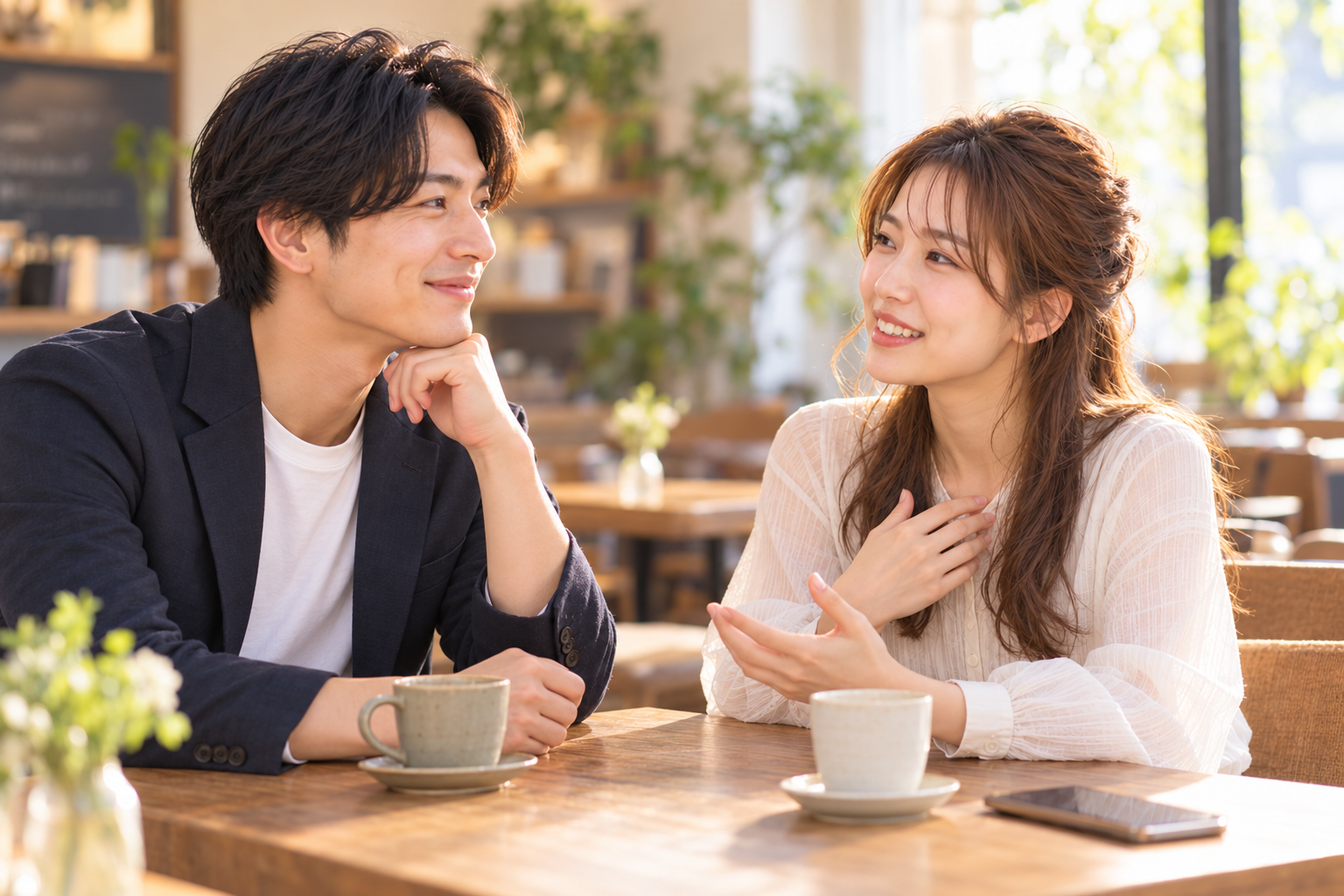 カフェで穏やかに自分の気持ちを伝える女性と、やさしい表情で話を聞く男性。