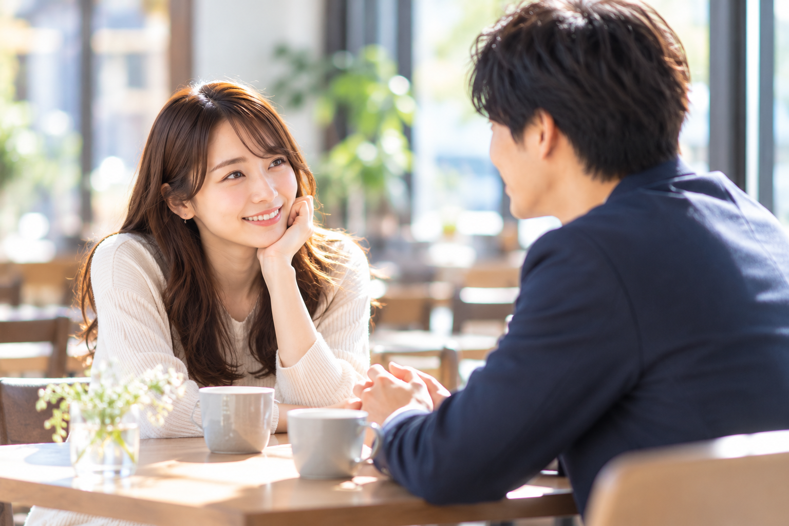 カフェで向かい合い、穏やかに会話する仮交際中の男女