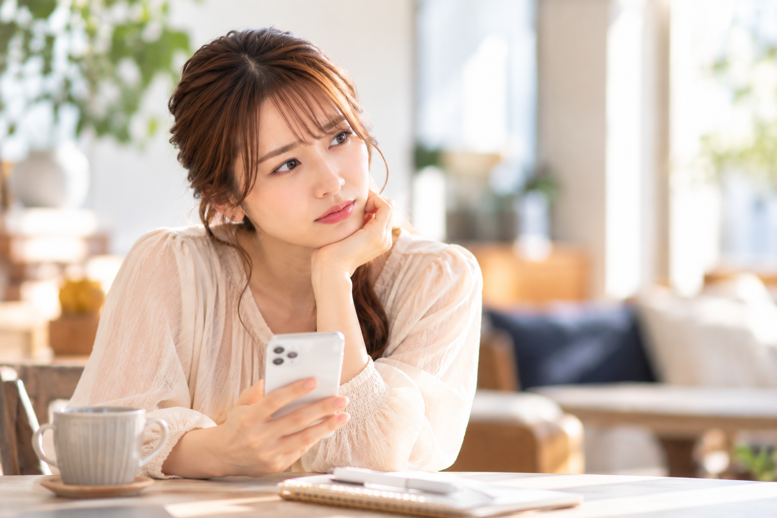 仮交際中のお相手となかなか会えず、スマートフォンを手に次のデートや連絡について考える女性。