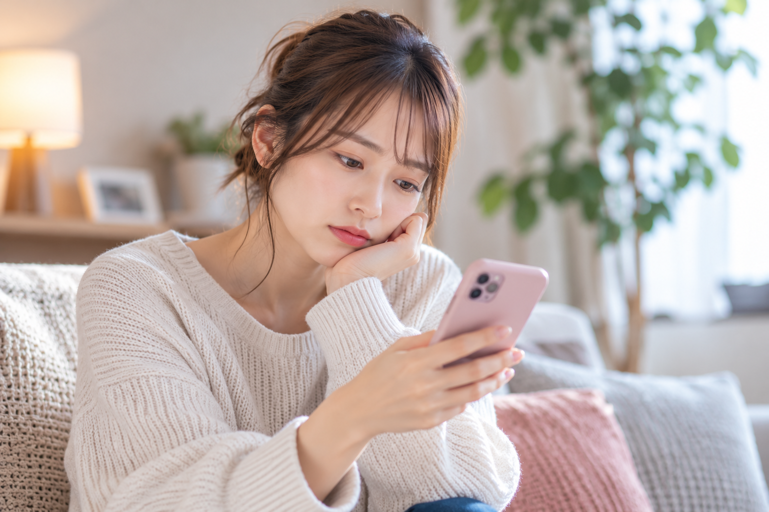 仮交際中の男性からLINEの返信が来ず、スマートフォンを見ながら脈なしなのかと不安になる女性