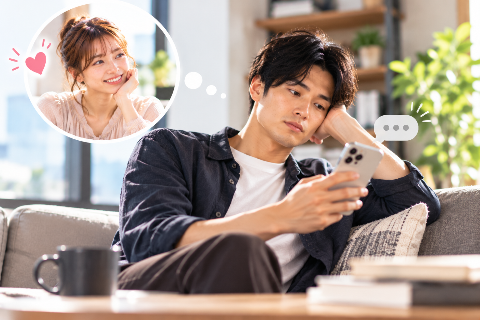 仮交際中に女性からの連絡が減り、スマホを見ながら不安を感じる男性