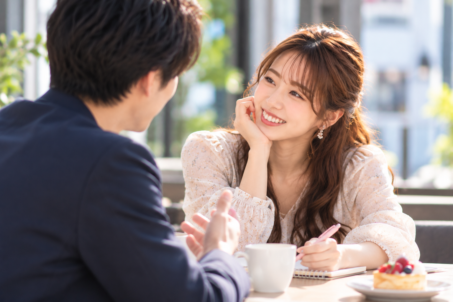仮交際中の男女がカフェで笑顔を交わし、会話を楽しむ様子。相手の好意を確認するだけでなく、自分から関係を深めていく大切さを表現した写真風画像。