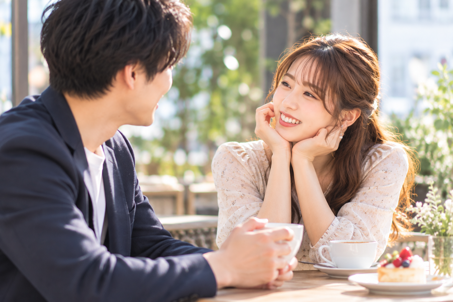 屋外カフェで男性に笑顔を向け、好意を自然に表現する女性。女性からも積極的に気持ちを示すことで、二人の距離が縮まる婚活デートの様子。