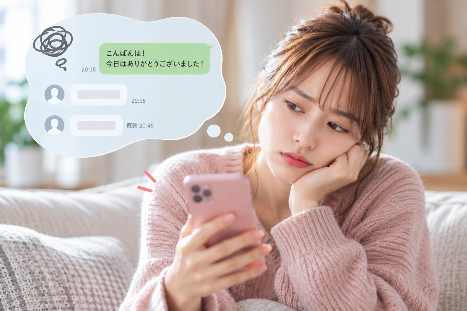 仮交際中の男性からLINEの返信が来ず、既読スルーや未読スルーに不安を感じながらスマートフォンを確認する女性