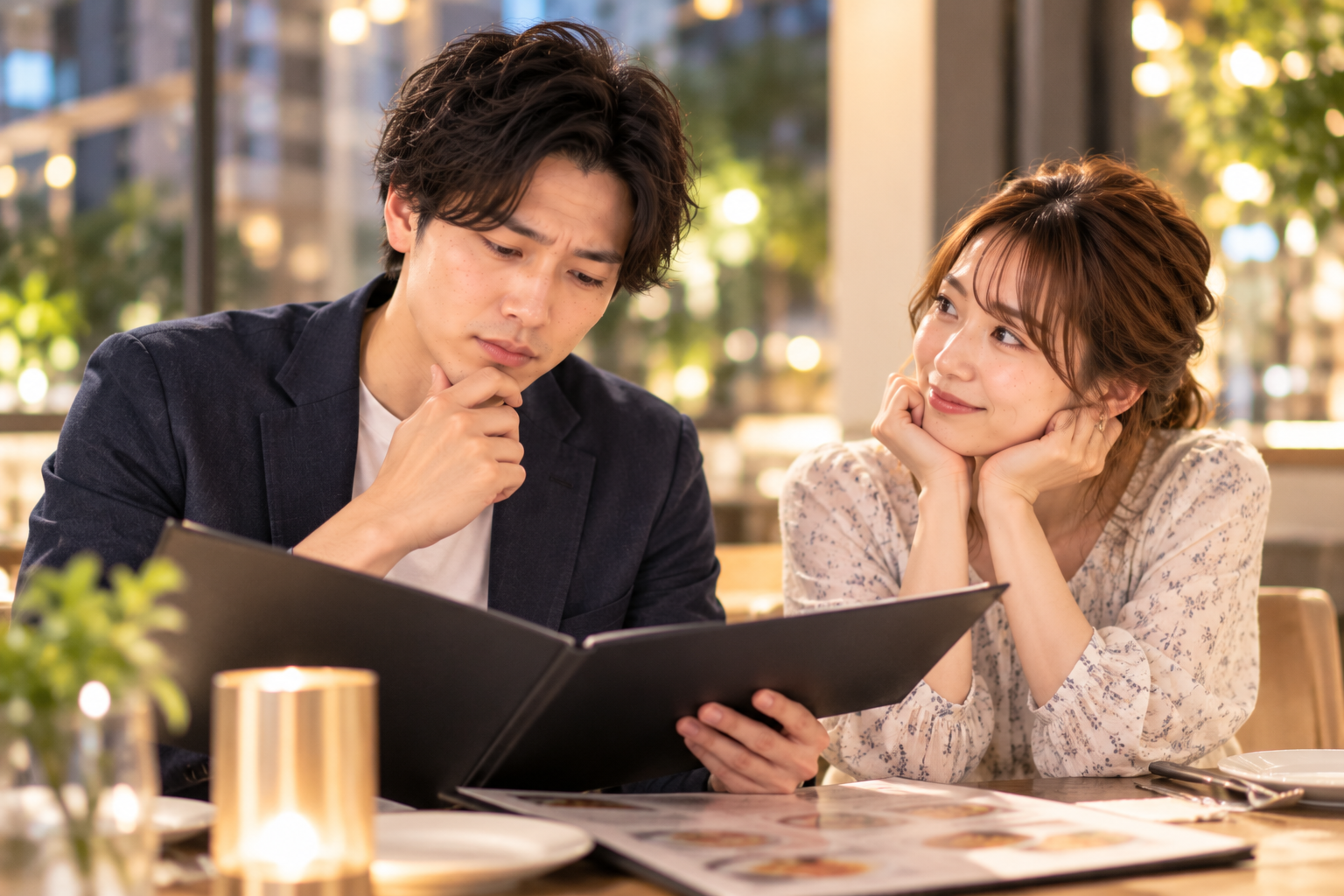 婚活デートで店選びや進行を考えながら女性をリードしようとする男性