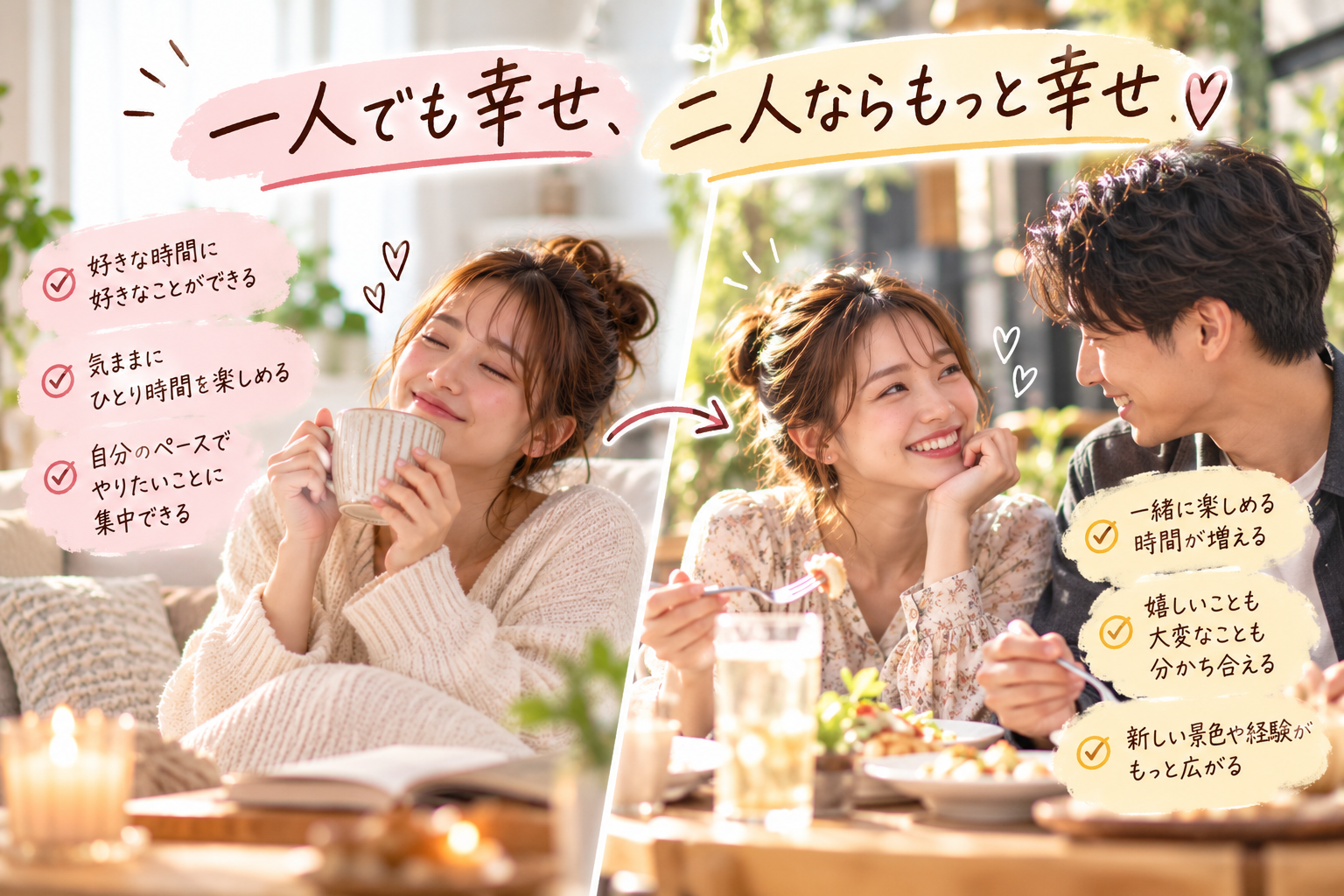 一人で好きな時間を楽しむ女性と、パートナーと笑顔で食事を楽しむカップルを左右に配置した比較画像。一人の時間を充実させながら、二人で過ごすことでさらに幸せが広がるという、婚活における前向きな考え方を表現。